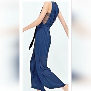 Zara Satin Lace Wide Leg Ankle Navy Jumpsuit